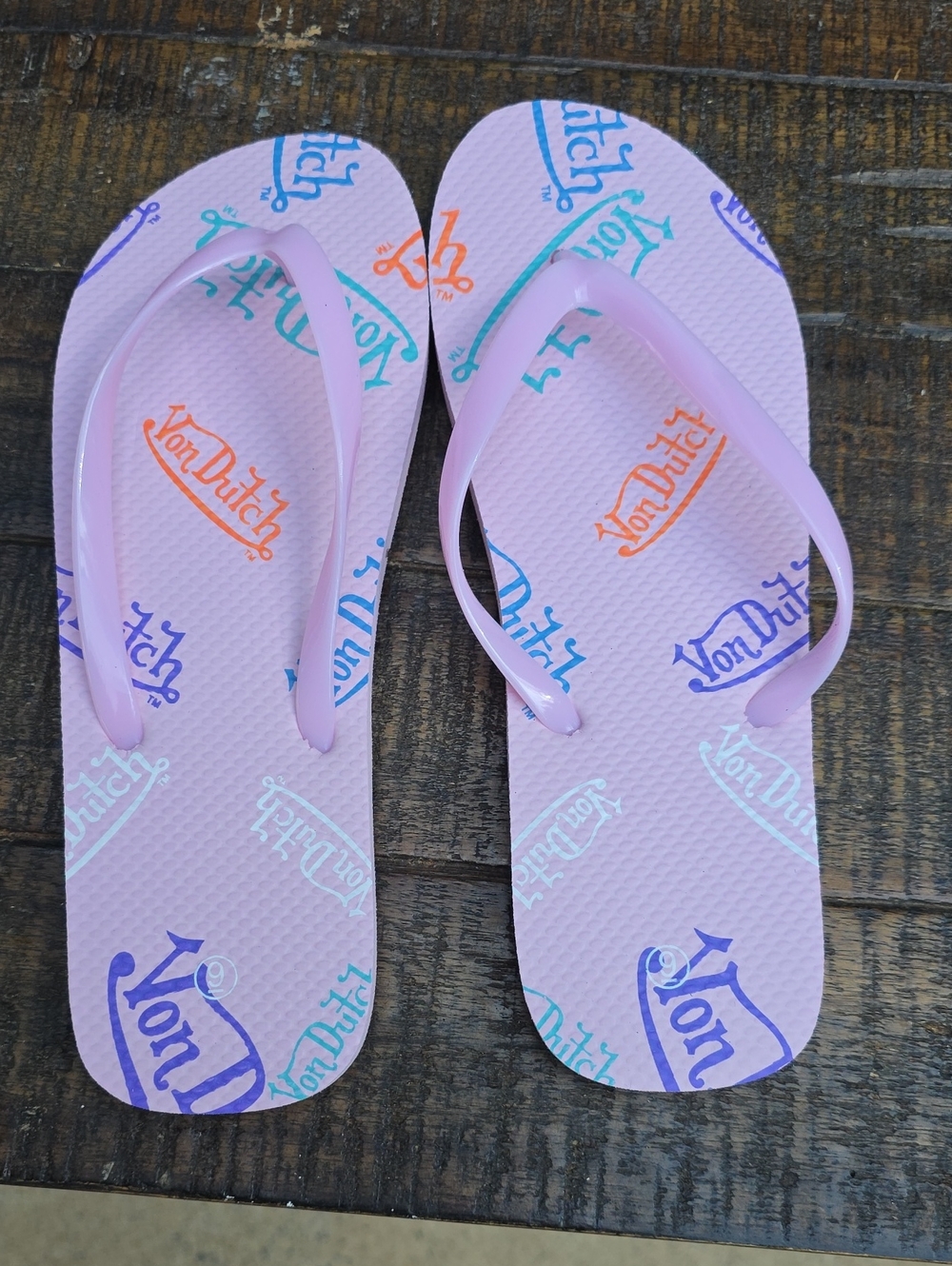 Von Dutch Pastel Pink Flip Flop Sandals with Multicolor Logos